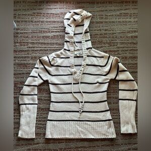 Vintage 90s Y2K Womens L.e.i. Large Hooded Hoodie Sweater Beige Striped